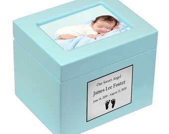 Cherished Boy Photo Blue Urn - Free Plate - Handcrafted Hardwood - Personalized Tribute & Keepsake - Lifetime Guarantee - Fast Shipping