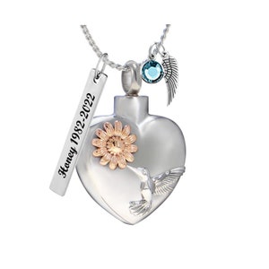 Hummingbird Heart Jewelry Urn - Love Charms® Option - FREE Birthstone, Chain & Fill Kit - Personalized Stainless Tag - Fast Shipping