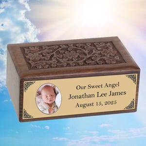 Infant Photo Gold Plate Floral Wood Urn - Free Engraving - Lifetime Guarantee - Fast Shipping