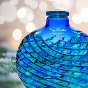 Mosaic Glass Cremation Urn – Earth Blue Reflections, Laser Engraved