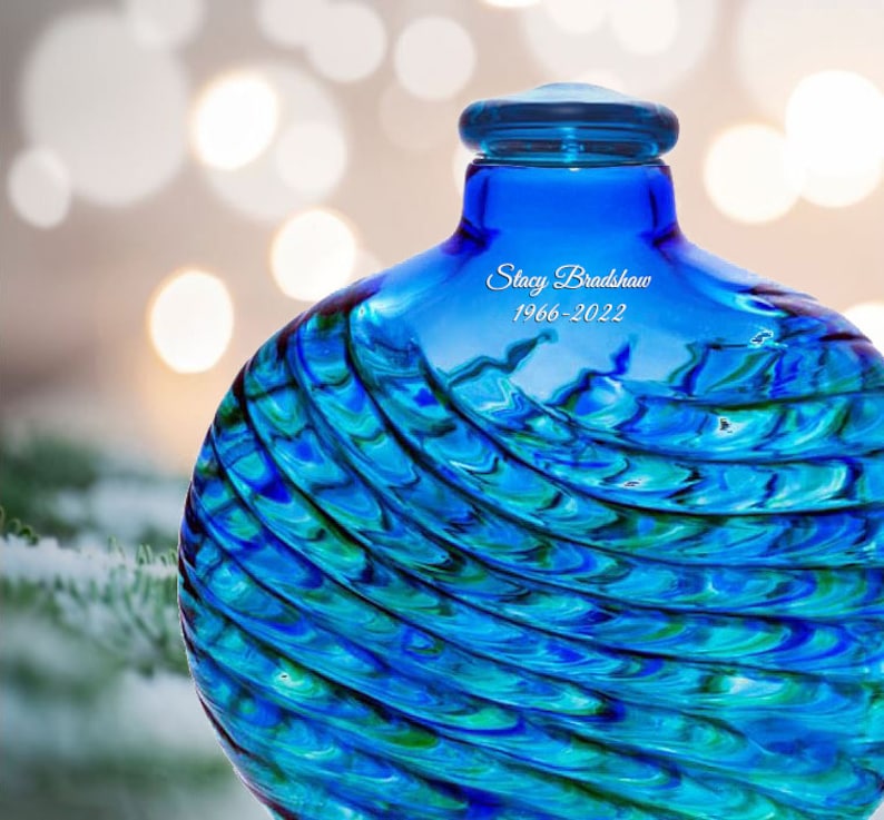 Beautiful Earth Blue Reflections Mosaic Glass Adult or Medium Urn - Laser Engraved Option - Made in USA - Unique Tribute - Fast Shipping