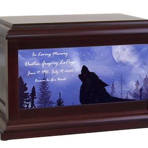 Winter Wolf Cremation Urn - Adult Wolf and Moon Wood Cremation Urn - Handcrafted and Personalized Memorial - 100% Lifetime Guarantee
