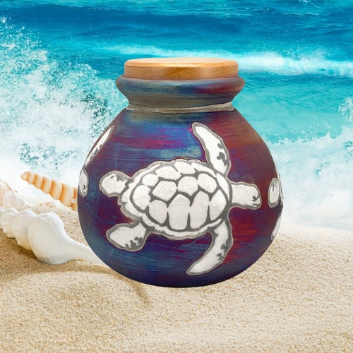 Urna funeraria Raku con diseño de tortugas marinas, 200 o 90 pulgadas cúbicas, cerámica Raku hecha a mano, grabada.