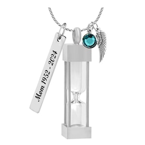 Hourglass Necklace Ash Urn - Love Charms® Option - Ash Holder - Custom Engraving - Stainless Steel - Free Birthstone & Chain