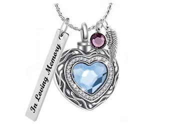 Blue Crystal Heart Cremation Urn Necklace: Engraved Memorial Jewelry