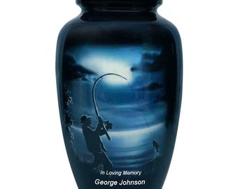 Fisherman Cremation Urn: Lake Fishing Scene, Tribute Wreath Option