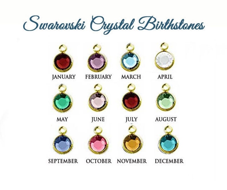 Puede incluir: Un gr&aacute;fico que muestra piedras de nacimiento de cristal Swarovski, cada una con un engaste dorado. Las piedras preciosas son de varios colores, incluyendo rojo, morado, azul y verde. Los meses del a&ntilde;o est&aacute;n listados debajo de cada piedra.