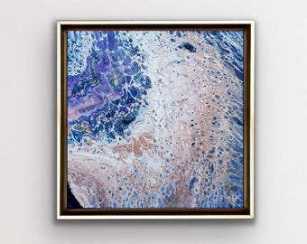 May include: Abstract painting with swirling blue, purple, and white colors. The painting has a textured, bubbly appearance and is framed in a brown wood frame.