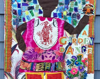 GARDEN PARTY DANCE  * my bonny *  Sewn Fabric Patchwork Scraps Collage Folk Art *  Abstract American Artist Artsy Wall Person