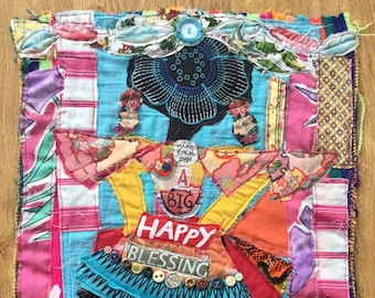 O HAPPY DAY   * my bonny * Large Fabric Collage Assemblage-  Whimsical Mixed Media Folk Art Patchwork Wall Quilt - random scraps