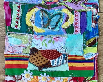 GARDEN DAISIES * mybonny * Fabric Collage Patchwork Folk Art  —  Mixed Media Original Primitive Textile Found Objects