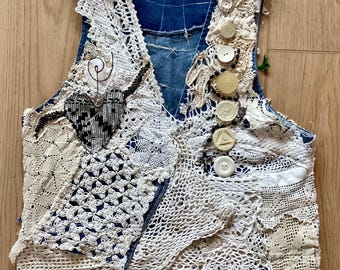 Shabby DENIM BLUE & WHITE Vintage Crochet Vest ROSARy Beads - COUTURe COLLAGe Chic Altered Upcycled Recycled Fabric Wearable Art - My Bonny