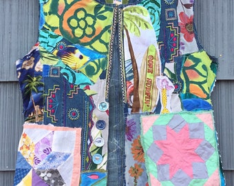 BY THE SEA VESt * my bonny *  Wearable Fabric Scraps Collage Folk Art - Patchwork Crazy Quilt Couture  - Eclectic Eccentric Colorful