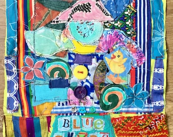 BLUE SKIES SMILING at me - my bonny - Primitive Naive Folk Art Style - Fabric Collage Assemblage - Irving Berlin Song