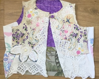 my MOTHER’S LINENS Swing Vest * my bonny * lot crochet embroidery doilies  - Wearable Folk Art Collage Clothing - Vintage Everything