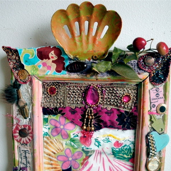 reserved for k FOUND OBJECTS HODGEPODGE  Folk Art Collage - Assemblage  Mixed Media 3d Mirror --Sewing Room Decor   // mybonny