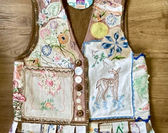 Lot Antique Vintage Crochet Embroidery VEST * my bonny *  Fabric Collage Folk Art - Altered Crazy Patchwork Couture