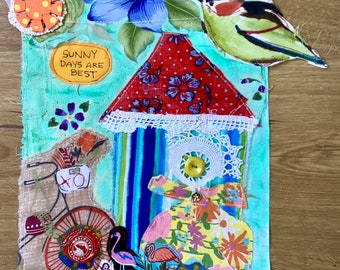 SUNNY DAYS are best - my bonny Fabric Collage Folk Art - bicycle flamingo beach cottage florida