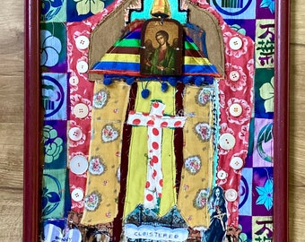 CATHOLIC CLOISTERED NUN in Monastery  -  my bonny - Religious Icon Altar Art Shrine -  Fabric Collage Altered Upcycled Folk Wall Applique