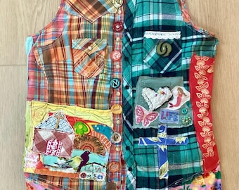 wearable collage art ETHNIC mermaid EMBROIDERY EXPLOSION bottle caps VARIEGATEd SHIRt - ooak Colourful Fabric Patchwork Quilting mybonny