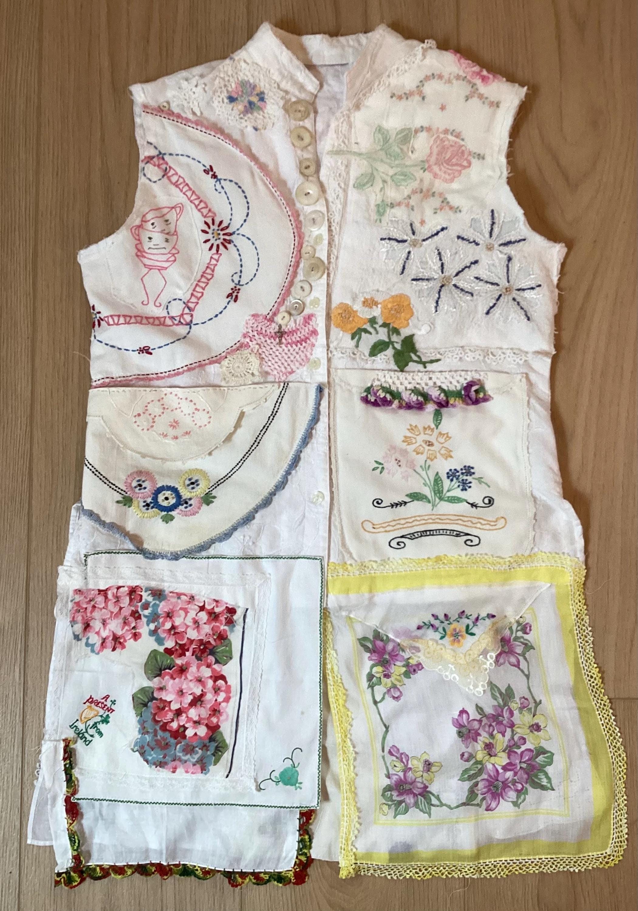 MAXI VEST GARDEN VINTAGe LINENs Artsy Hanky Tunic - lot shabby antique crochet embroidery doilies - Wearable Folk Art Collage -myBonny