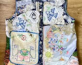 BLUEBIRDS of HAPPINESS PATCHWORK Vest - recycled altered crochet doilies  -  Folk Art Primitive Collage Clothing - my bonny