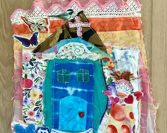 BLUE HOUSE Fabric Collage: Mixed Media Folk Art Stitchery- Flowers, Butterflies, Bird - myBonny