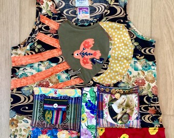HONOLULU HUMMINGBIRD Upcycled Patchwork Tunic Wearable Collage Art: Santa Fe Artisan Wear; Sun Moon Koi Fish, Flying Sterling Cat - my Bonny