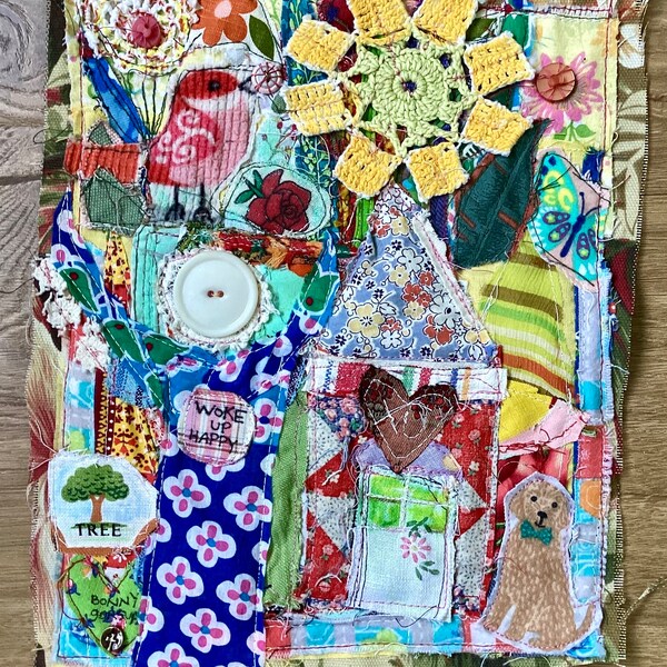 WOKE UP HAPPY Fabric Collage - Lady Dog Sun Bird  -  my bonny - Primitive Naive Folk Art Style  - Vintage Fabric Textile Assemblage