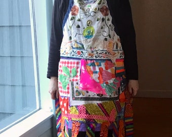 COLOURFUL WOMAN APRON * my bonny * Wearable Fabric Collage Folk Art ~Altered Vintage Linens  ~ Eclectic Artsy Gourmet Artisan Chef
