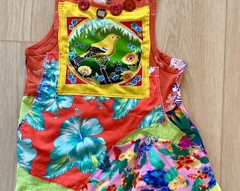 ALL BRIGHT COLOURS COLLAGe TUNIc: Summer Beach Altered recycled random scraps of fabric- Wearable Folk Art Bird Batik Orange Pop - my Bonny