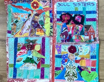 SOUL SISTERS COLLAGE wALL QUILt - Fabric Textile Folk Art - Recycled Vintage Materials Linens  - Colorful Naive Childlike Whimsy + my bonny