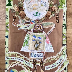 Folk Art Wall Banner Quilt: Vintage Linens, Irish Lass Fabric Collage