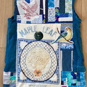 BLUE BORO BOHO ANTIQUe Maple Leaf PATCHWORk Quilt Blocks Wearable Art: Upcycled TUNiC Artist Crazy Patchwork Couture Fabric Collage My Bonny
