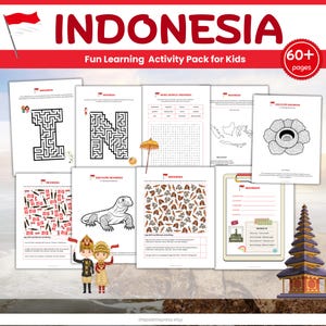 以下が含まれることがあります： 赤い文字で「INDONESIA」と書かれた子供向けの学習アクティビティページのコレクション。迷路、単語検索、塗り絵、その他の教育活動が含まれています。画像には赤い旗と伝統的なインドネシアの寺院も表示されています。