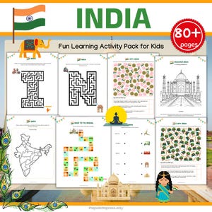 May include: A colorful educational activity pack for kids with the word "INDIA" in large green letters. The pack includes mazes, coloring pages, and games. The image also features the Indian flag, an elephant, and the Taj Mahal.