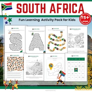 Puede incluir: Un colorido paquete de actividades educativas para niños con el texto "SOUTH AFRICA" y "Fun Learning Activity Pack for Kids". El paquete incluye laberintos, páginas para colorear y un juego de bingo, todo con el tema de Sudáfrica.