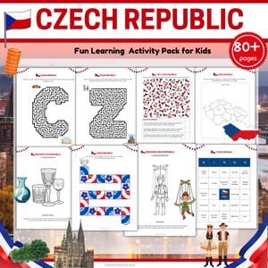 Pode incluir: Um pacote de atividades digitais para crianças intitulado Czech Republic Fun Learning Activity Pack for Kids com mais de 80 páginas. A coleção inclui labirintos, jogos de observação, mapas, páginas para colorir e um jogo de bingo.