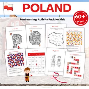 Puede incluir: Un conjunto de páginas de actividades educativas para niños, con el tema de Polonia. Las páginas incluyen laberintos, páginas para colorear, un mapa y un juego de "I Spy". La palabra "POLAND" se muestra en letras rojas grandes, con una bandera polaca en la esquina superior izquierda.
