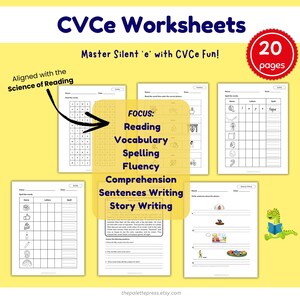 May include: A set of 20 printable worksheets for teaching CVCe (consonant-vowel-consonant-e) words. The worksheets focus on reading, vocabulary, spelling, fluency, comprehension, sentence writing, and story writing. The worksheets are aligned with the Science of Reading.