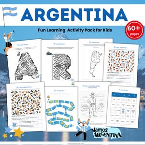May include: A collection of educational activity sheets for kids, themed around Argentina. The pack includes mazes, coloring pages, I Spy games, and a bingo game. The title "ARGENTINA" is displayed in large blue letters, with the phrase "Fun Learning Activity Pack for Kids".