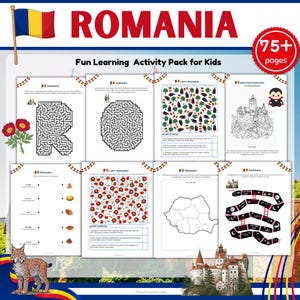 May include: A digital activity pack for kids titled ROMANIA Fun Learning Activity Pack for Kids with 75+ pages. The collection includes eight printable sheets featuring mazes, I-spy games, colouring pages, a map outline, and a board game.