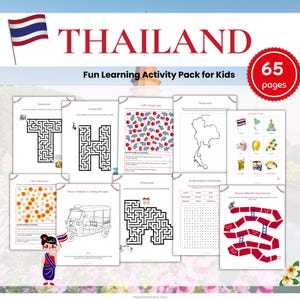 May include: A printable activity pack for kids featuring a colourful illustration of Thailand. The pack includes 65 pages of activities such as mazes, word searches, colouring pages, and a game. The text "THAILAND Fun Learning Activity Pack for Kids 65 pages" is visible on the cover.