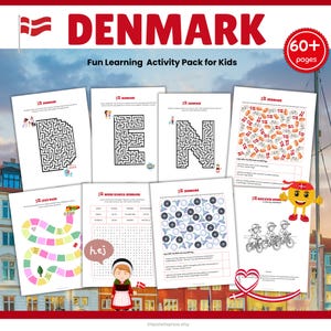May include: A collection of activity pages for kids with a Denmark theme. The pages include mazes, word searches, coloring pages, and a board game. The title "DENMARK" is displayed in large red letters, with the Danish flag in the upper left corner.