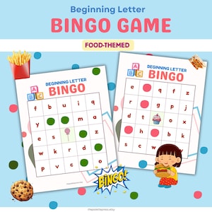 BINGO do alfabeto de alimentos - Jogo fonético divertido para pré-escola e jardim de infância - Atividade de sons de letras iniciais - Alfabetização em sala de aula para educação domiciliar