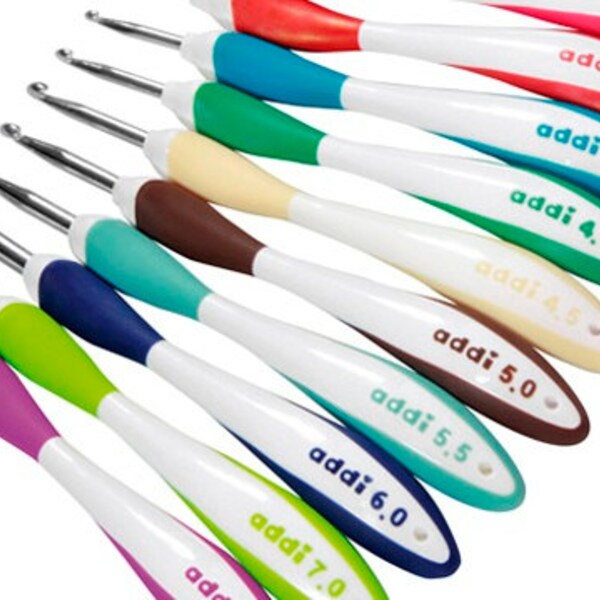 Addi-Swing Ergonomic Crochet Hooks, Color-coded, Sizes 3.75, 4.0, 4.5, 5.0, 5.5, & 6.0 mm; US sizes F through J
