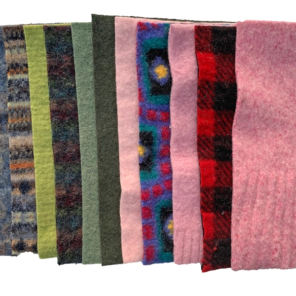 8" x 10" Upcycled Sweater Fabric, Felted Wool Sweater Pieces in Solid Colors and Patterns