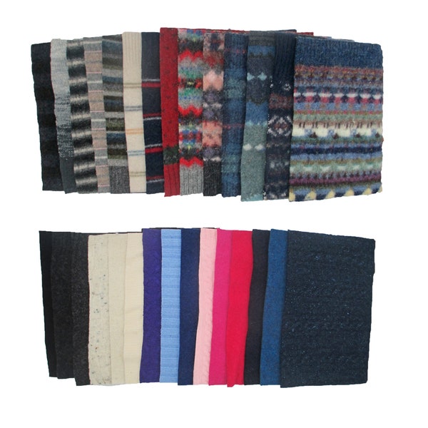 Pezzi di maglione di lana infeltrita 12" x 12" in tinta unita e motivi, tessuto maglione riciclato