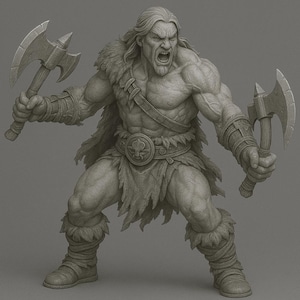 May include: A grayscale sculpture of a muscular warrior with long hair and a beard, holding two axes. The warrior is roaring with his mouth open, wearing a fur-lined cloak, belt, and boots. The sculpture has detailed textures.