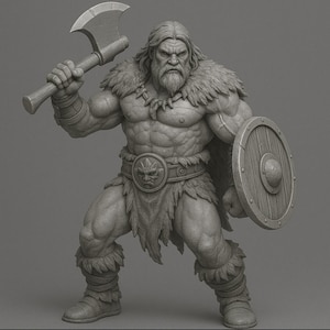 May include: A gray sculpture of a muscular warrior holding an axe and shield. The warrior has long hair and a beard, wearing a fur collar, belt with a face design, and fur-lined boots. The axe has a curved blade.